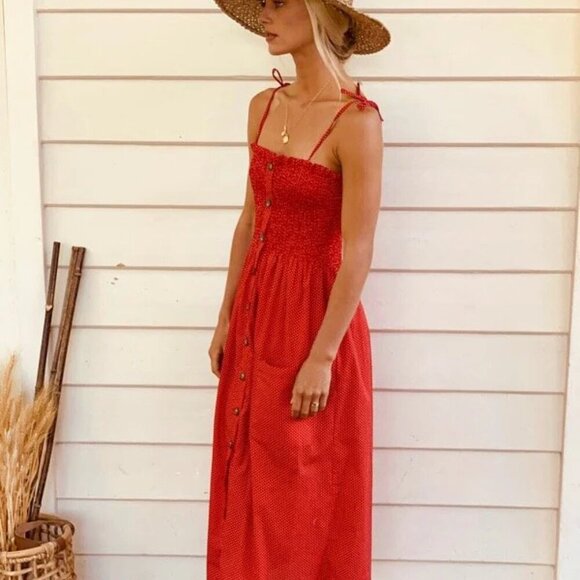 Women's Terra Cotta  Shoulder Tie Skater Smocked Button Front Mini Boho Dress - Picture 3 of 10